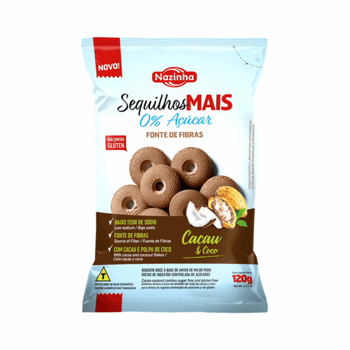 Sequilho de Cacau e Coco Sem Açúcar Sem Glúten e Sem Leite 120g - Nazinha