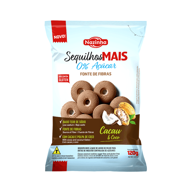 Sequilho de Cacau e Coco Sem Açúcar Sem Glúten e Sem Leite 120g - Nazinha